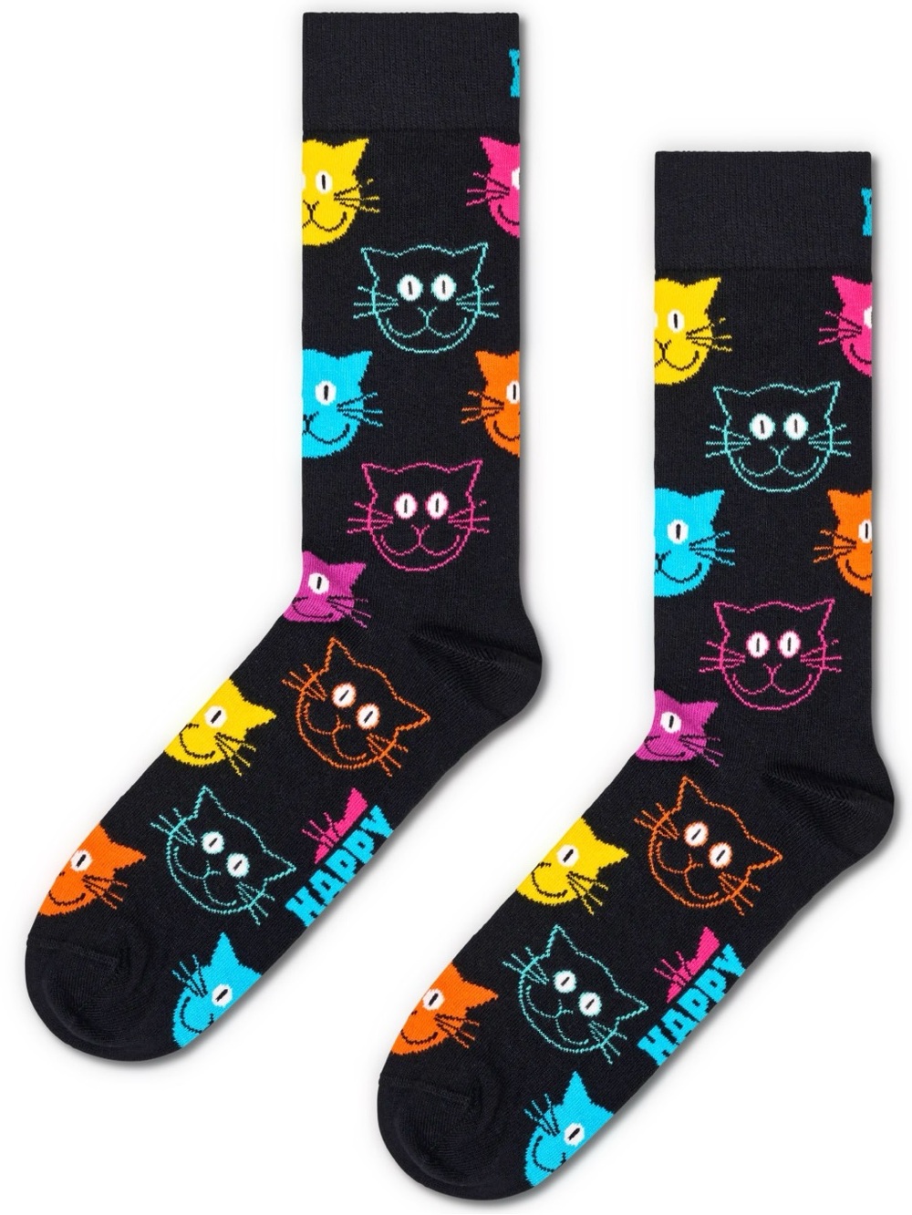 Happy Socks Crew Cat Print Black